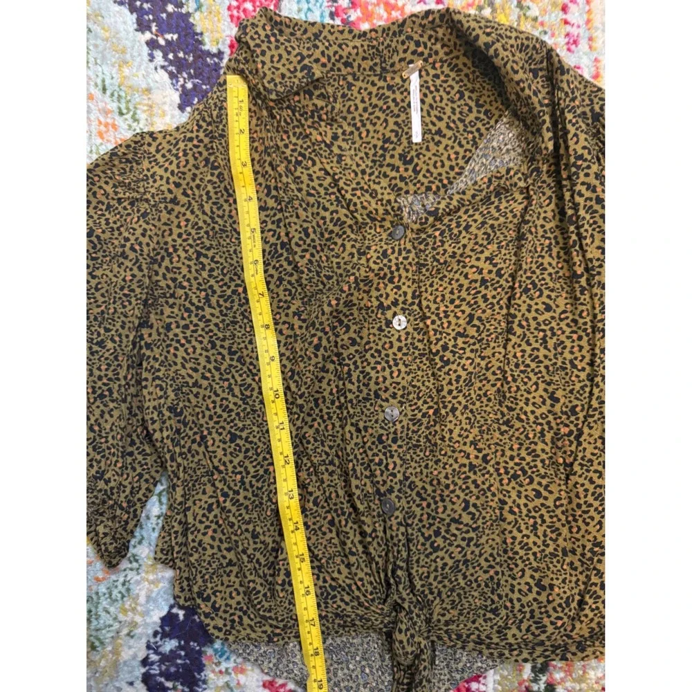 Free People Leopard‎ Print Tie Front Button Down Top Olive Green Brown Size S